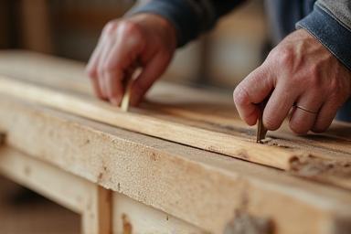 Hands carefully measuring wood for a joinery project.
