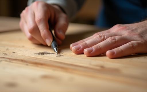Close up of hands carefully marking wood with a traditional marking knife in the workshop