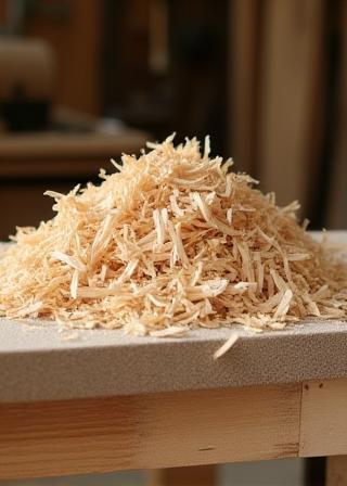 Artistic, shallow depth-of-field shot of delicate, curly wood shavings accumulating on a rustic workbench during hand planing.