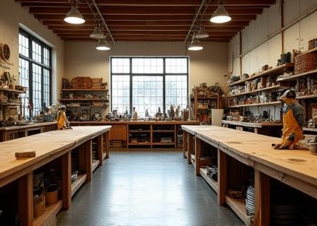 Wide angle view of the bright, organized, and inspiring workshop space, featuring multiple workbenches and natural light.